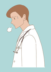 Tired doctor, healthcare workers in lab coat sighing. Hand drawn flat cartoon character vector illustration.
