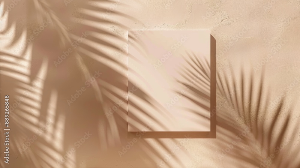 Poster presentation mockup showing rectangle stone frame and palm leaves with soft shadow on beige textured