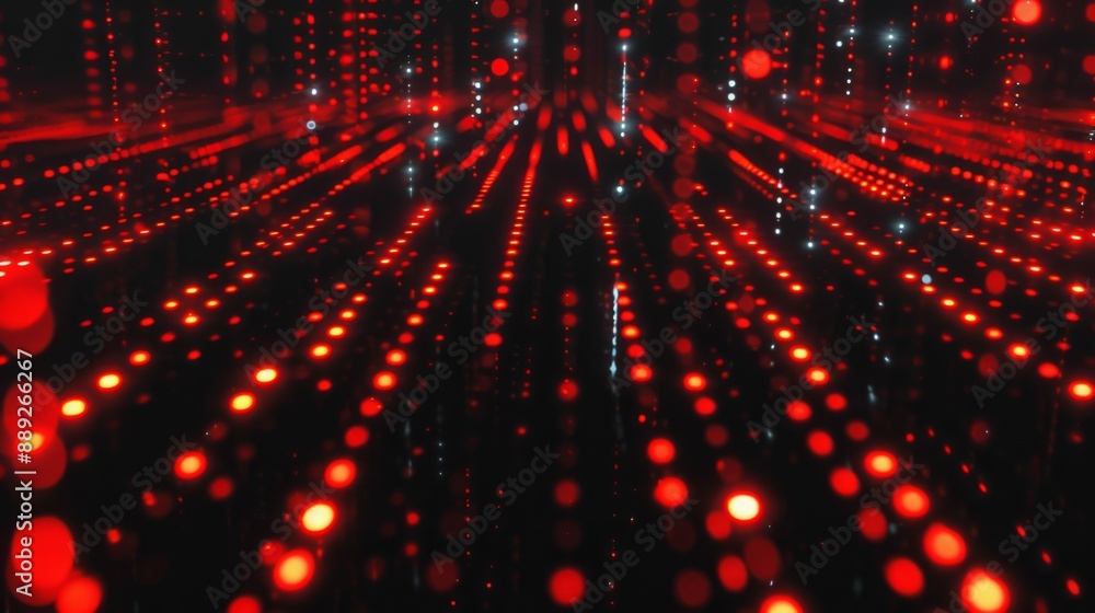 Poster Red lights illuminate a dark space, creating a pattern of lines and dots.