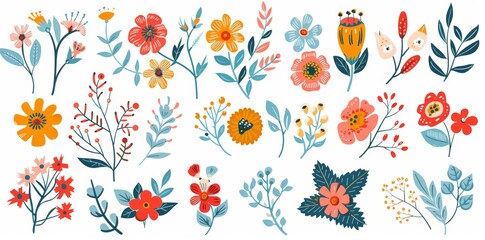 Isolated set of hand drawn spring and summer flowers, including blossom flowers, leaves, branches, berries, and tulips. White modern illustration of herbal plants.