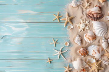 Obraz premium A beach scene concept featuring sea shells and starfish set against a blue wooden background