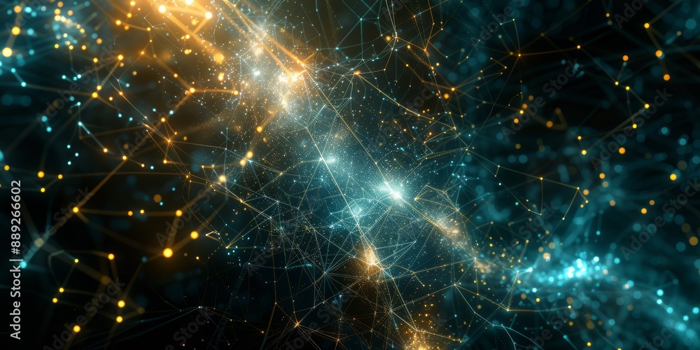 Poster glowing orange and blue digital particles form a futuristic landscape with a sense of depth and move