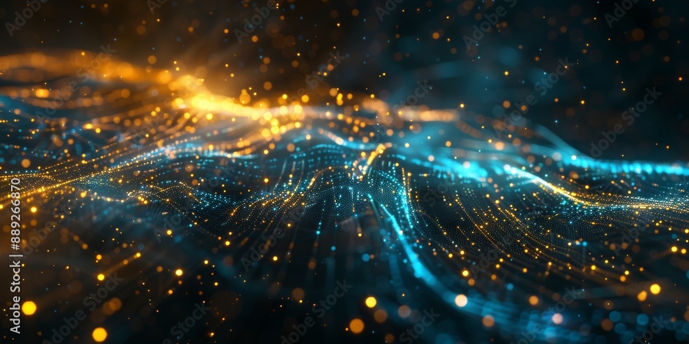 Poster glowing orange and blue digital particles form a futuristic landscape with a sense of depth and move