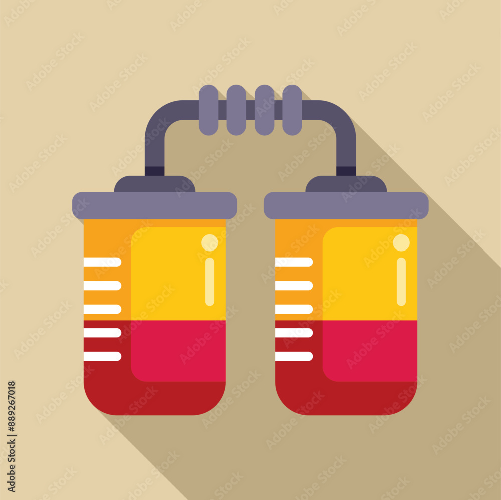 Poster glass flasks filled with red liquid substance are connected with tubes in a laboratory setting