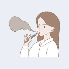 Employee with vape in office smoking area. Woman holding electronic cigarette for vaping and blowing smoke from mouth. Hand drawn flat cartoon character vector illustration.