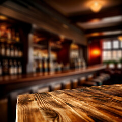 Empty brown wooden table top with space for food and drink and products in a moody dark bar. 