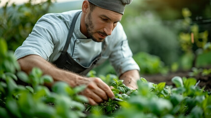 Farmer Picking Fresh Herbs in Green Field, Organic & Sustainable Agriculture Practices, Focus on Hands & Plant Care

