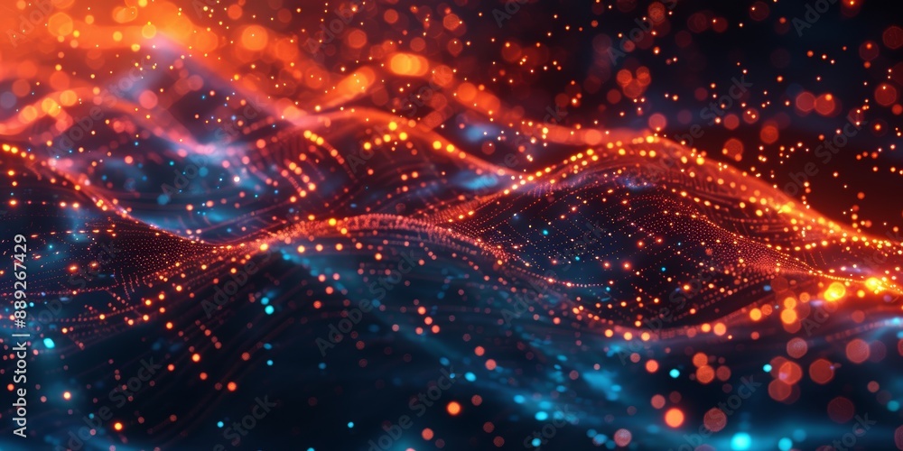 Poster glowing orange and blue circuit board with nodes and connections