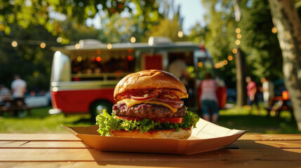 Delicious burger with a beef patty, melted cheese, and crispy bacon on a plate set on a wooden table at a gourmet festival. Ideal for promoting food trucks, street cuisine, and culinary gatherings