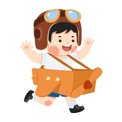 kid student boy plays with a cardboard plane