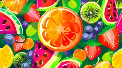 Papier peint photo  A seamless pattern of colorful fresh fruits spilling with oranges, lemons, strawberries, and watermelons, invoking the vibrant freshness of summer.  © Bundi