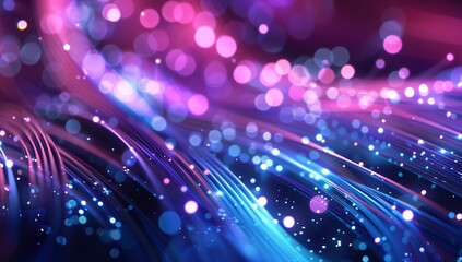Glowing neon light fibers with soft pink and blue blurred bokeh background