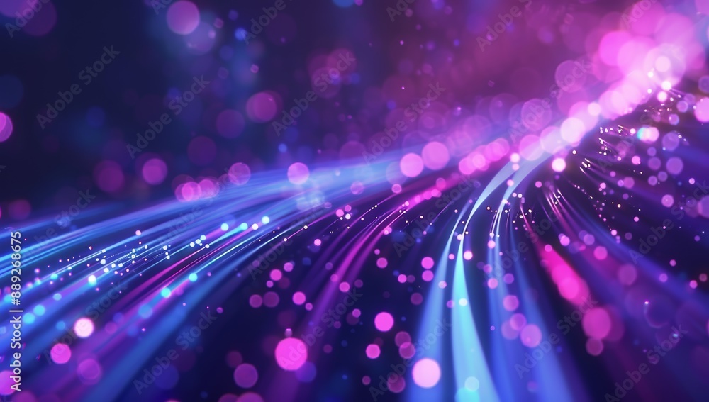 Poster glowing neon light fibers with soft pink and blue blurred bokeh background