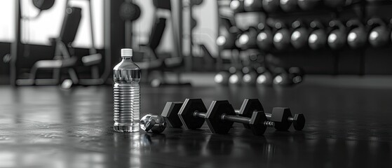 Fototapeta premium Gym Dumbbells and Water Bottle on Floor