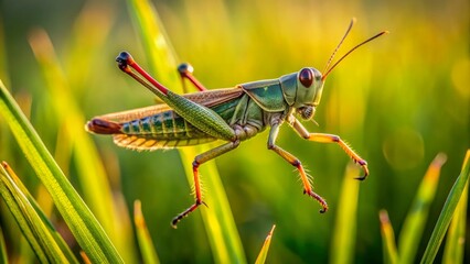 Fototapeta premium A dynamic full-body shot of a grasshopper mid-leap in a vibrant green grassy field, highlighting its powerful hind legs and agile movement in natural surroundings.