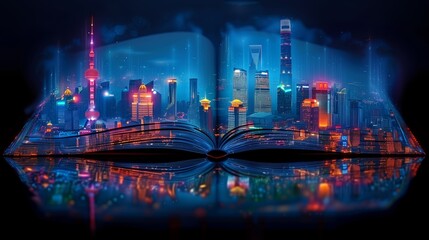 Nighttime View of Shanghai Skyline Emerging From an Open Book