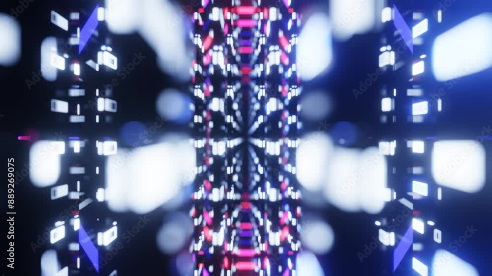 Poster fly through mirror designs form tunnel technology cyberspace with neon glow. sci-fi flight through d