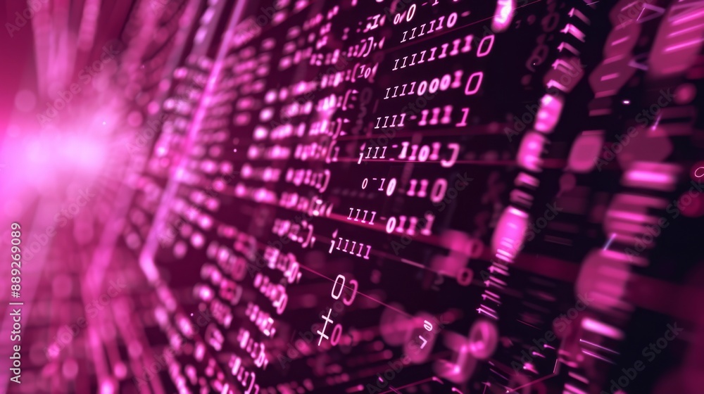 Poster A close-up of a digital screen displaying pink code and glowing light, creating a futuristic and abstract background.