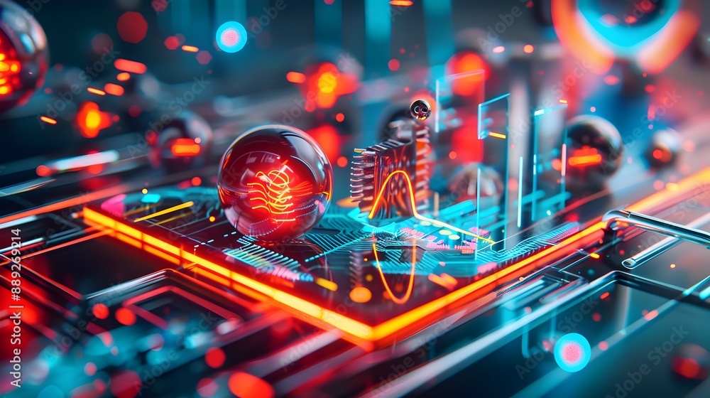 Poster neon accented digital circuit board simulation with futuristic visualization