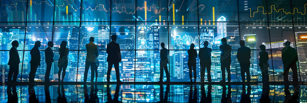 Poster a group of business people standing in front of a cityscape, with glowing data streams and financial