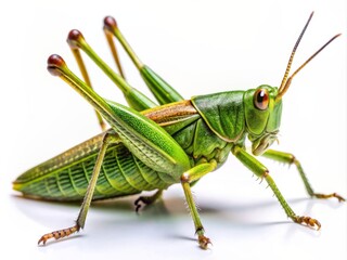 Vibrant green grasshopper perches on a pristine white background, showcasing intricate details of its elongated body, delicate wings, and complex leg structure in stunning clarity.