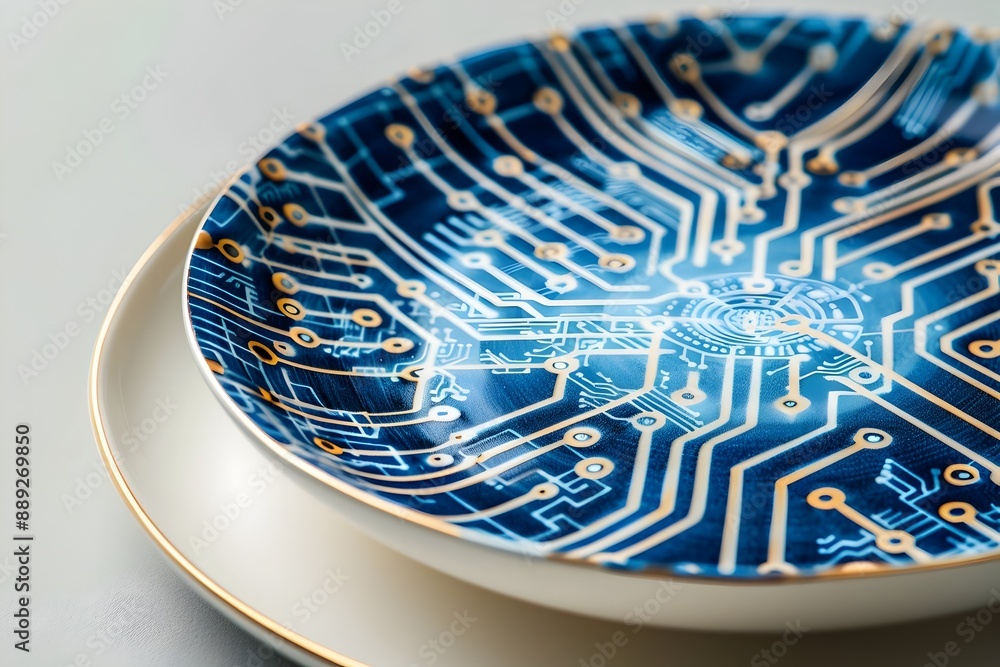 Poster encrypted dessert plate with intricate circuit pattern on minimalist surface