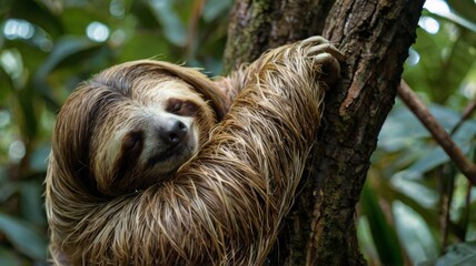 Sloth sleeping around nature on a trunk