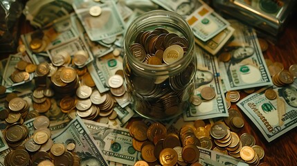 Hundred-dollar bills and coins are spread out in a random pattern throughout the scene, illustrating a gathering of monetary resources and financial abundance