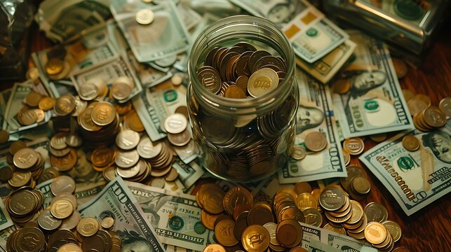 Hundred-dollar bills and coins are spread out in a random pattern throughout the scene, illustrating a gathering of monetary resources and financial abundance