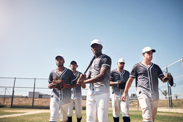 Sports, baseball and portrait of group on field for game day, world series championship and national league for playoff. Stadium, pitch and players in uniform with diversity, serious and united team.
