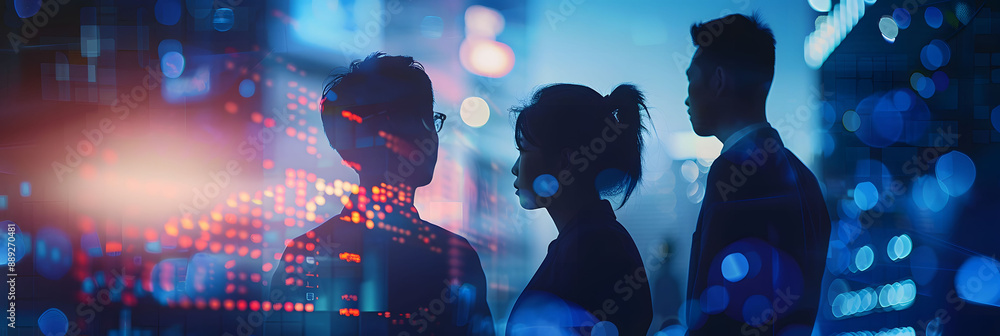 Poster a group of business people standing in front of a cityscape, with glowing data streams and financial