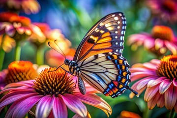 Fototapeta premium Vibrant colors dance across the frame as a delicate butterfly rests on a stunning flower, showcasing intricate wing patterns and petal details in exquisite clarity.