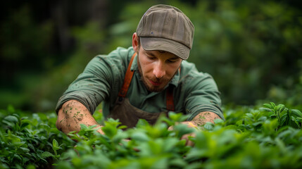Farmer Picking Fresh Herbs in Green Field, Organic & Sustainable Agriculture Practices, Focus on Hands & Plant Care

