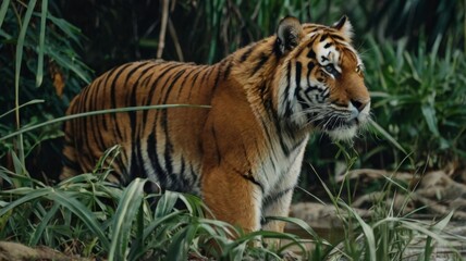 Tiger behing plants observing
