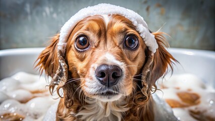Adorable dog with big brown eyes and floppy ears receives a shampoo bath, its fur covered in suds, looking utterly delighted and ridiculous.