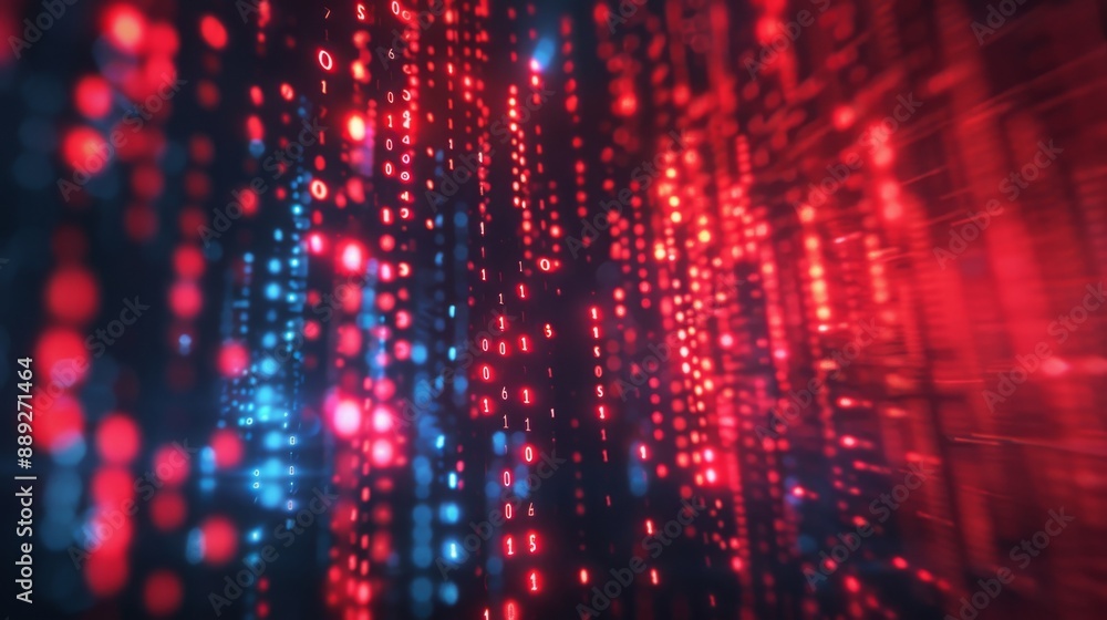 Poster A digital stream of red and blue binary code flows downward against a black background.