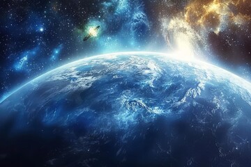 Obraz premium Earth from space with stars vibrant and detailed artistic scene inviting setting cosmic beauty serene and awe inspiring celestial display