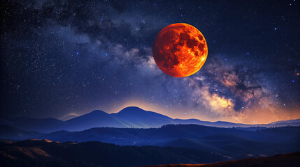 Celestial Drama of Lunar Eclipse: Full Moon Covered by Earth’s Shadow, Night Sky in Red with Milky Way