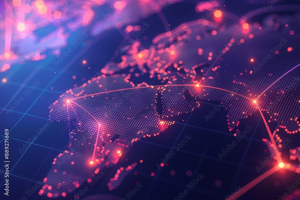 Aufkleber Glowing red and purple digital world map with glowing nodes and lines representing global network connections