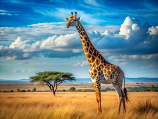 Obraz premium Majestic giraffe with distinctive spots stands tall in African savanna, head and neck stretched upwards, gazing thoughtfully into the serene blue horizon.
