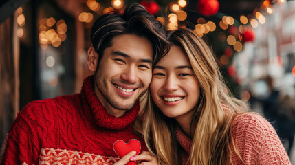 Asian Couple for Valentine's Day looking happy with smiles on their face, red background
