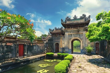 Obraz premium Historic Temple Entrance with Water Lilies