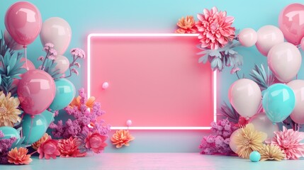 Vibrant Neon Frame with Balloons and Flowers for Customizable Holiday Promotions, Generative Ai