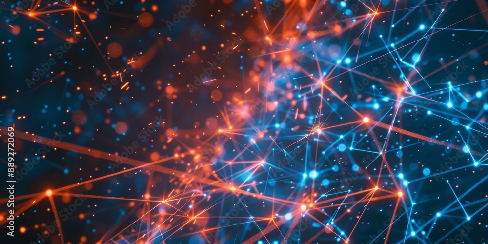 Poster glowing orange and blue circuit board with nodes and connections