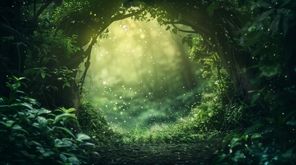 Magical Forest Trail Illuminated by Fairy Lights, Fantasy Portal.