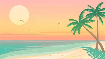 Obraz premium Illustration of a sunset on a beach in the summer