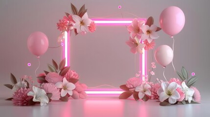 Festive Neon Glow Frame with Floral Decor and Balloons for Holiday Promotions with Customizable Text Space, Generative Ai