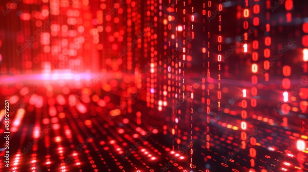 Poster A red background with a blurry abstract digital binary code pattern.