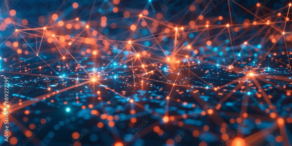 Poster glowing orange and blue circuit board with nodes and connections