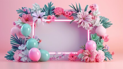 Radiant Neon Empty Frame with Floral and Balloon Accents for Holiday Promotions, Customizable Text Area, Generative Ai